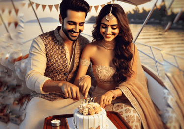 a man and woman cutting a cake together at Exclusive Yacht Experience at Gateway of India, Mumbai