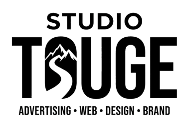 Studio Touge logo for advertising, web, design, and brand services with mountain and road graphics.