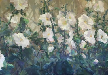 aoil painting of white hollyhocks growing on a wall