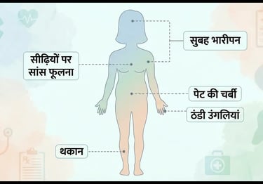 warning signs: shortness of breath on stairs, morning heaviness, belly fat, cold fingers, fatigue