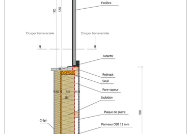 Plan en coupe d'une menuiserie dans un mur en ossature bois