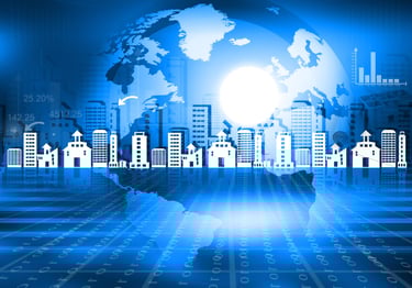 City with Globe and Sun in Background