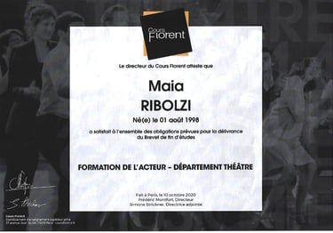 Diplôme de Théâtre du Cours Florent de Paris décerné à Maia Ribolzi