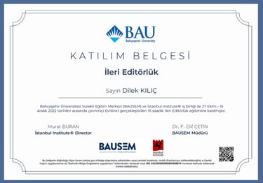 İleri Editörlük sertifikası dilek kılıç bausem 