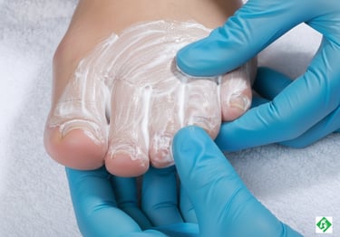 A healthcare professional in blue gloves applying antifungal cream to a patient's toes for foot treatment.