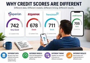 An infographic showing why credit scores differ between Experian, Equifax, and TransUnion bureaus.