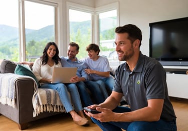 Friendly Burlington tech support technician helping a Vermont family with home technology in their living room