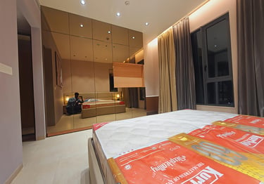 alt="Custom BWP plywood wardrobes in master bedroom by Integrity Enterprise"