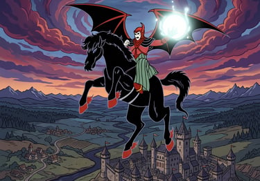 Ilustração de fantasia sombria do Vingador cavalgando um cavalo preto sobre um castelo medieval ao p