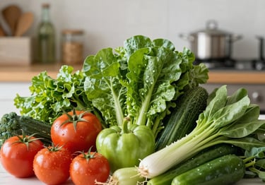 A clean, modern kitchen scene with fresh green vegetables and a tablet displaying a healthy recipe.