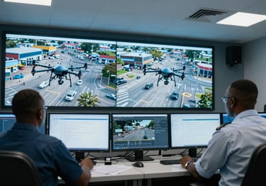Interior of a high-tech security operations center. Two professional African / Ivorian operators are focused on large high-definition monitors displaying live aerial drone footage of a commercial zone. The lighting is cool blue and white, conveying high technology and professional authority.