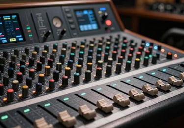 An artistic shot of a professional audio mixing console with glowing faders and knobs in a North American recording studio. The atmosphere is cinematic with soft light hitting the metallic surfaces against deep charcoal and black shadows.