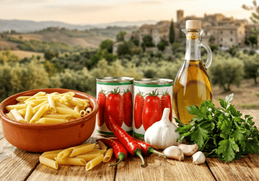 Rustic Italian ingredients including penne pasta, canned tomatoes, olive oil, and garlic on a wooden table.