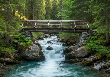 A sturdy wooden bridge over a rushing forest river, symbolizing the stability of DBT skills during emotional storms.