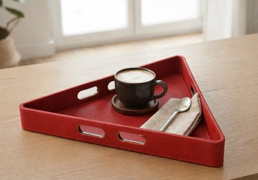 Red cork triangular serving tray with handles holding a coffee cup and spoon on a wooden table.