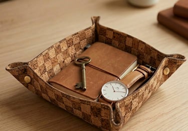 Handmade cork valet tray holding a leather journal, watch, and brass key on a wooden desk.