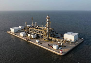 Aerial drone shot of an industrial coastal facility undergoing environmental impact assessment, wide frame with dark ocean water and infrastructure visible, overcast natural light