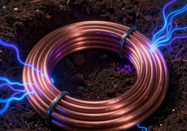 Close-up portrait view of high-purity heavy-duty copper coils buried in dark, rich soil, glowing blue and purple vector overlays representing magnetic fields, dramatic low-key lighting, macro, 35mm, bleeding to the edge