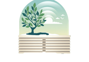 Easy Fit Blinds Logo a window with blinds and a view ofa tree with a bird flying over it