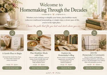 Vintage-style homemaking blog homepage featuring resources for meal planning, home organization, and simple living.