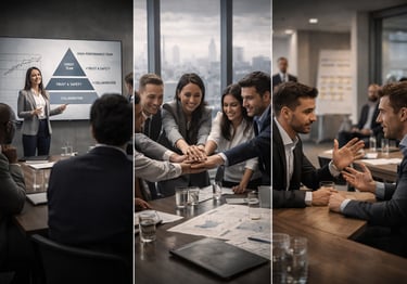 Business professionals in a corporate training session on teamwork, trust, and conflict resolution