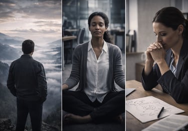 Personal growth program showing self-awareness, mindfulness, and reflective leadership in a professional setting