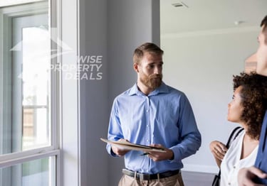 a man and woman standing in a room with a clipboard
