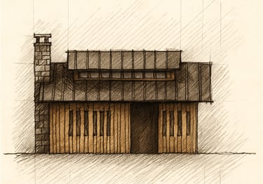 Hand-drawn architectural sketch of a rustic wooden cabin with a stone chimney and metal roof.