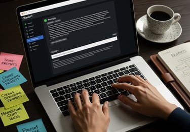 A person typing on a laptop with ChatGPT on screen, surrounded by notes and coffee.