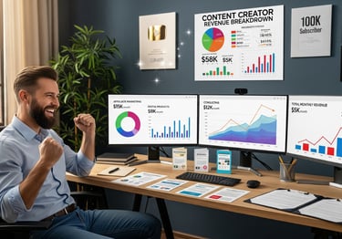 Content creator celebrating while reviewing a dashboard with multiple revenue streams.