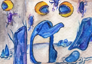 a painting of a blue abstract robotic future theme , watercolour painting 