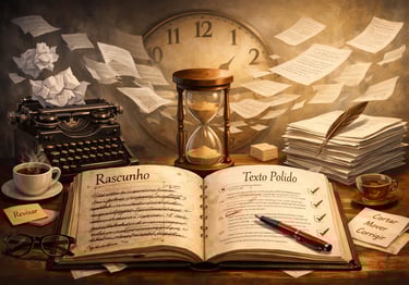 Ilustração do processo de revisão de textos, mostrando rascunhos com correções, manuscrito editado,