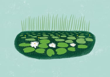 An illustration of a pond with water lilies.