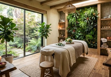 High-end wellness facility spa treatment room with biophilic elements and natural finishes