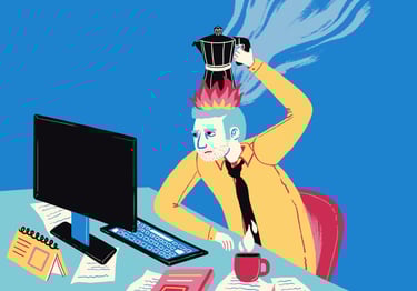 a man sitting on a desk with a coffee pot heating over his head