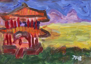 a painting of an Asian building and mountains in the background