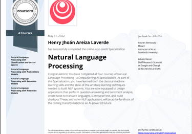 Natural Language Processing Specialization Certificate