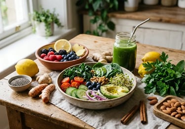 Uma tigela de salada saudável à base de plantas com abacate e frutas vermelhas, ao lado de um smooth