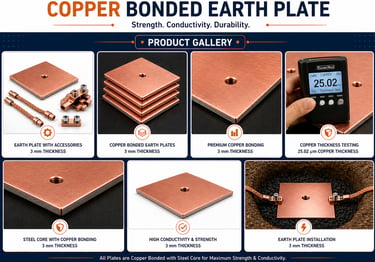 Copper bonded earth plate with steel core and accessories for grounding systems and electrical safety.