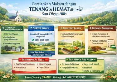 Panduan persiapan dan pembelian makam Pre Need dan At Need di San Diego Hills Memorial Park.