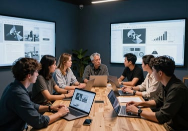 Photography of a collaborative group of professionals in a North American / US open studio. They are gathered around a large wooden table with several silver laptops, interacting with large digital storyboards on the walls. The atmosphere is professional and innovative, with slate blue and dark blue-gray accents in the decor.