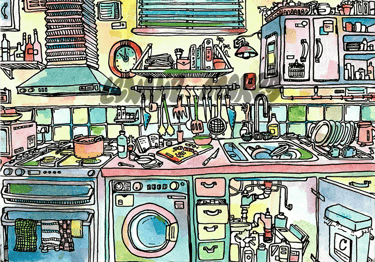 Fun colourful Illustration, watercolour painting drawing, detailed artwork, kitchen art print