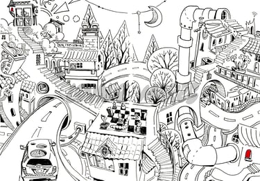 Fun black and white Illustration, fineliner ink drawing, detailed artwork, childrens art print