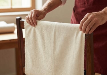 Close-up of a craftsman hand-stretching premium linen fabric over an elegant dining chair frame, warm workshop light