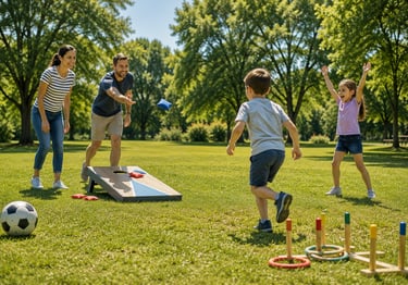 A family enjoying an outdoor game of corn hole.