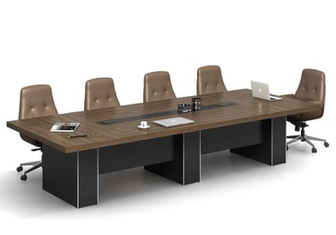 Large rectangular walnut conference table with black panel base and tan leather executive office chairs.