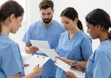 A group of young medical professionals in blue scrubs reviewing patient records on clipboards.