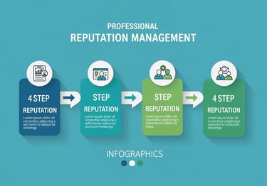 4-step reputation management process workflow showing audit analysis with magnifying glass, strategy