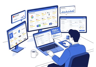 24/7 review monitoring dashboard showing Google reviews, Yelp reviews, Facebook reviews across 150+ 