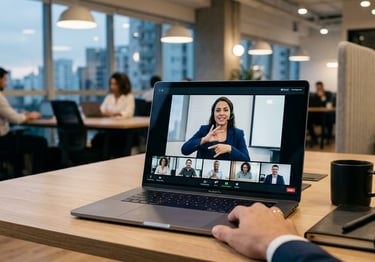 Videochamada em notebook com instrutora de Libras no escritório.